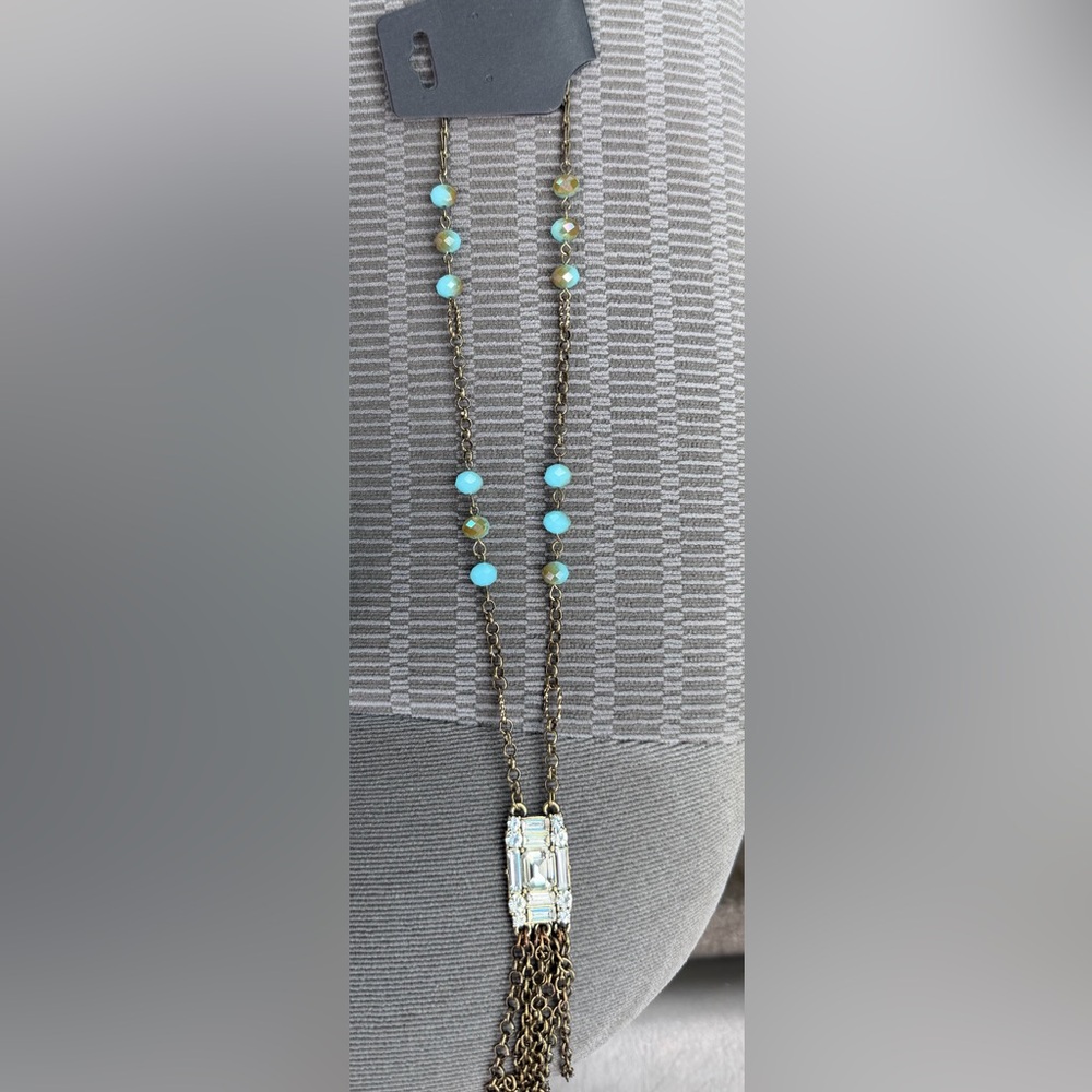 Bluish iridescent Bead Long Pendant Necklace  $15